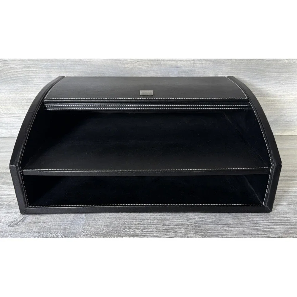Vtg Faux Leather Desk Box W/ Lid Organizer Writers Box Office MCM 13.5